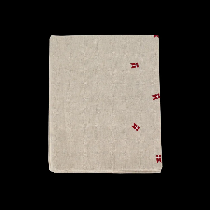 Dug m. Broderet Dansk Flag ( 140x270cm) Hørfarve