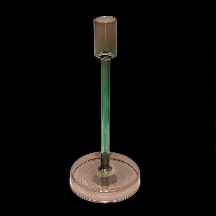 Glaslysestage, grøn/brun h19,5cm