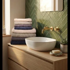 Håndklæde m Stribe CAMRON (50x100cm)Grøn/Beige