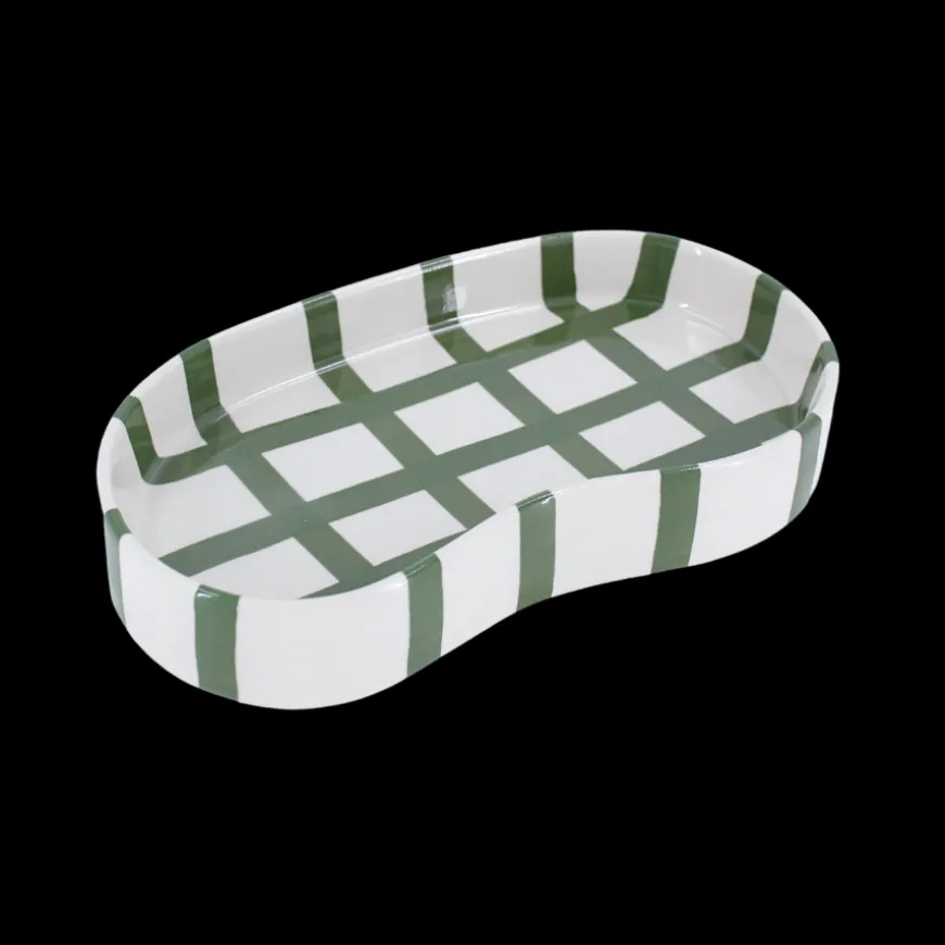 Keramik Bakke BIDDA i Beige m. Grøn Striber (12,2x20x3cm)