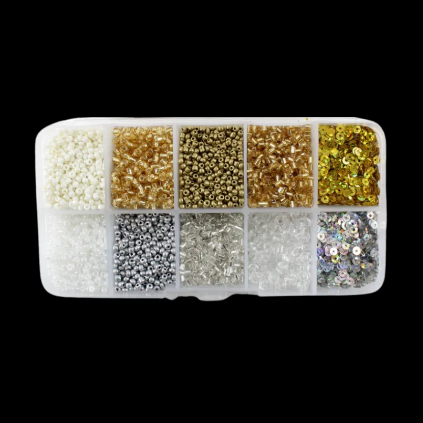 Perler i æske m/10 rum, mix guld/sølv